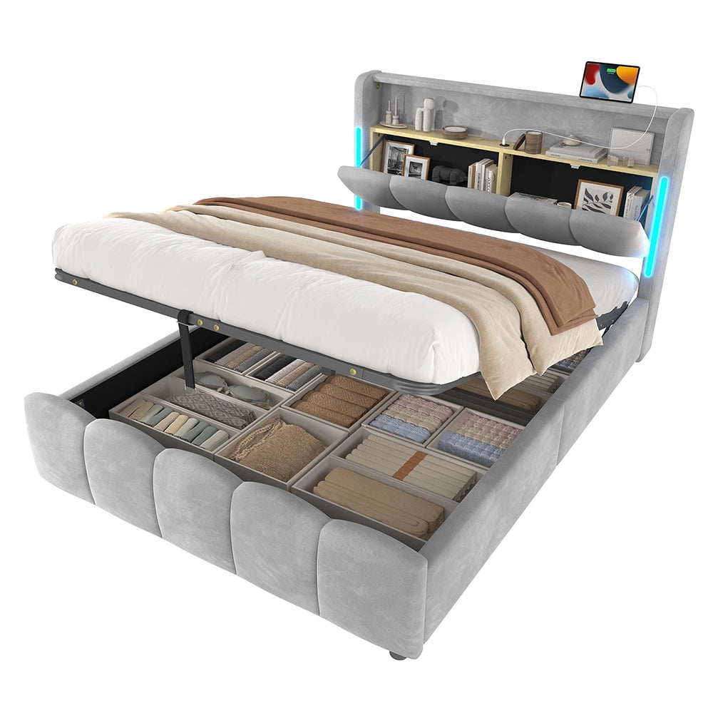 Letto 140x200cm?- Xylo - idraulico USB velluto grigio