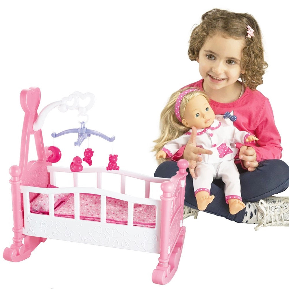 Trade Shop - Culla Per Bambole Lettino Culletta Bambolotto Con Giostrina E Accessori Gioco -
