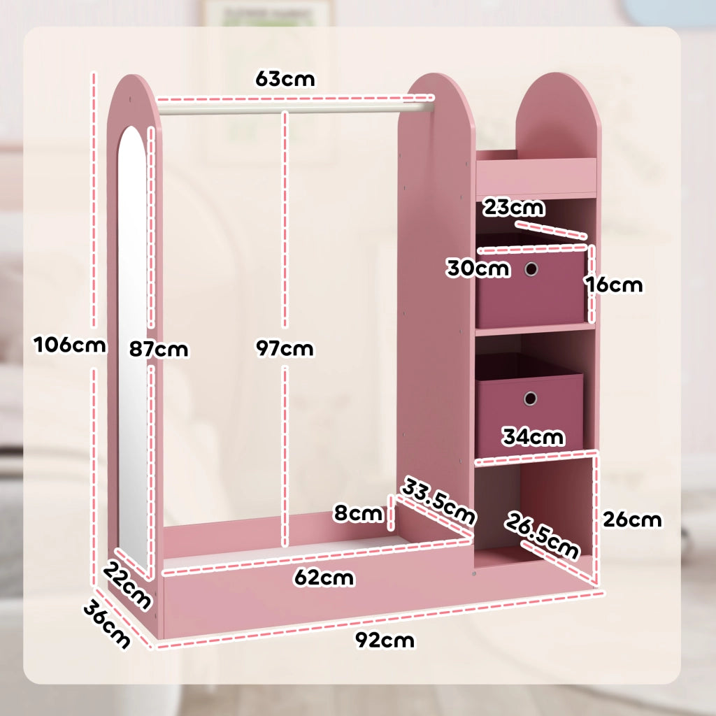 Armadio Bambini con Ante, Ripiani, Scatole e Specchio ¨C zephmum ¨C Legno, Rosa