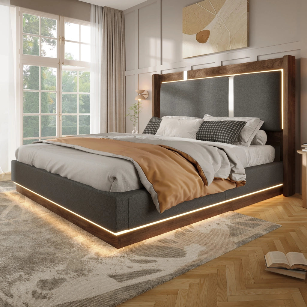 LETTO imbottito contenitore 140x190 cm con LED lino grigio e noce