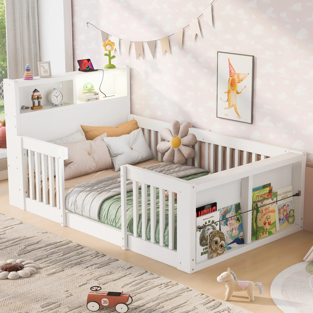 Letto multifunzione per bambini 90 x 190 cm con sponde alte, USB, luce notturna e vano contenitore, bianco