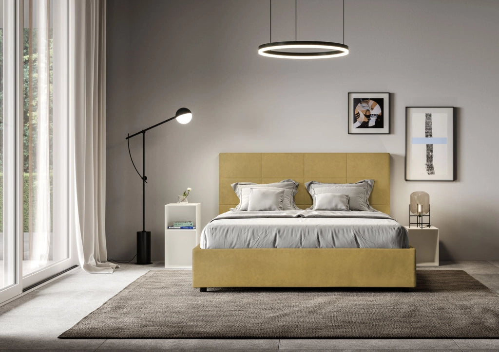 Letto queen size senza rete imbottito 150x200 microfibra sabbia Mika
