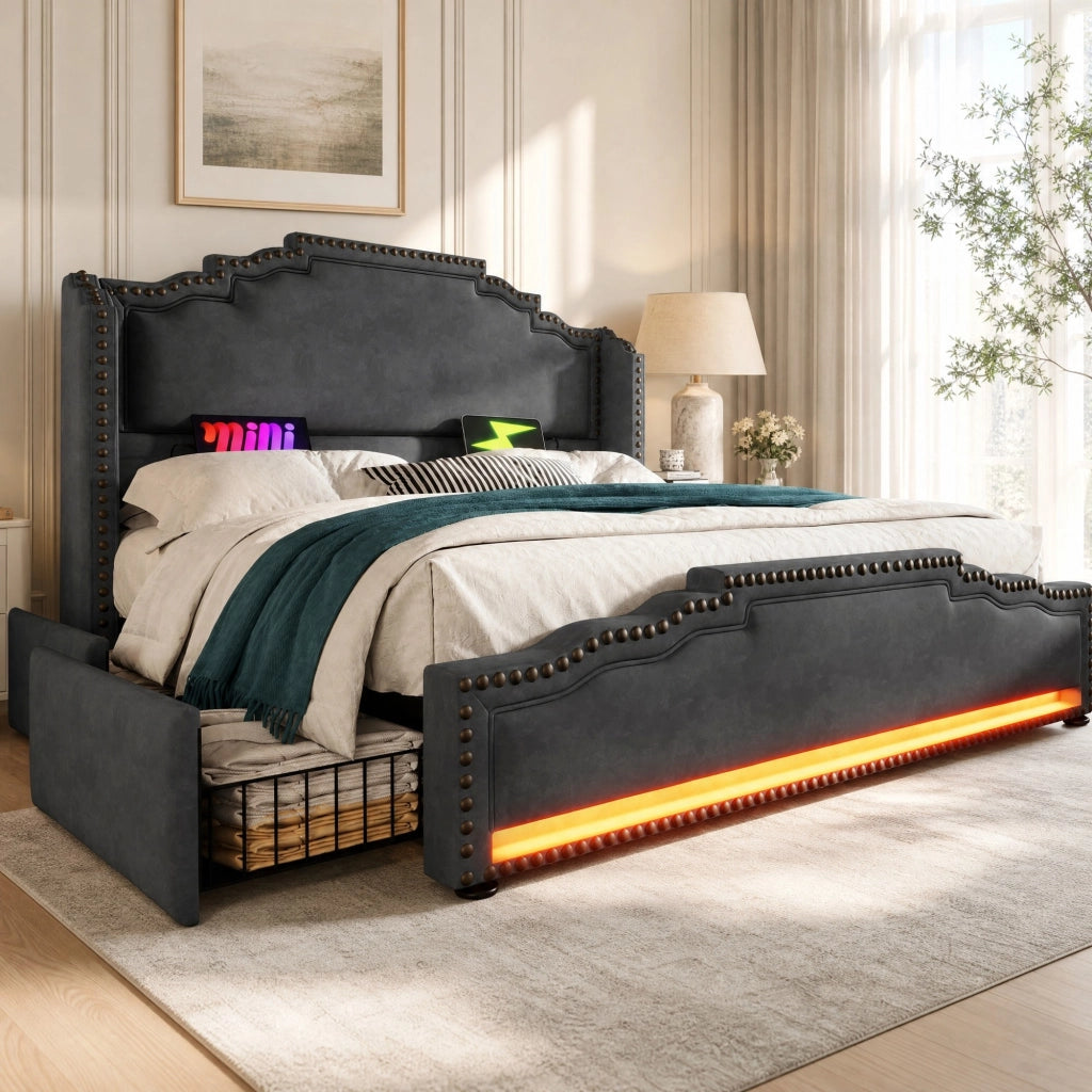 LETTO Contenitore 140x200 cm in velluto grigio con LED e USB/Type-C