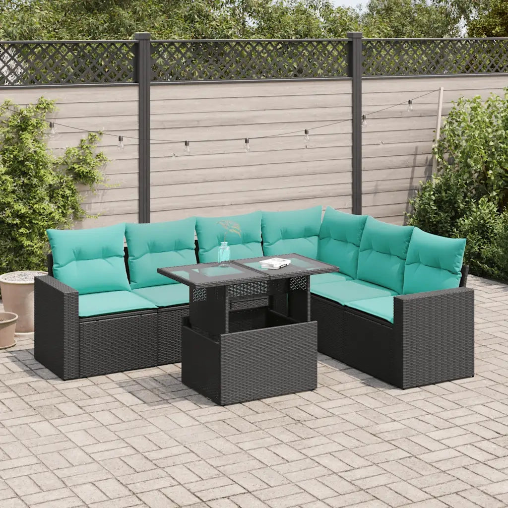 Set Divani Giardino 7 pz con Cuscini Nero Polyrattan Acacia 3326328