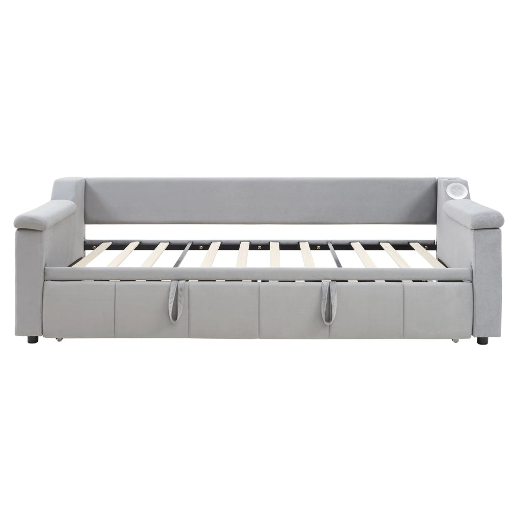 Divano letto imbottito con Bluetooth; USB e scomparti nei braccioli; 90/180x190 cm; grigio