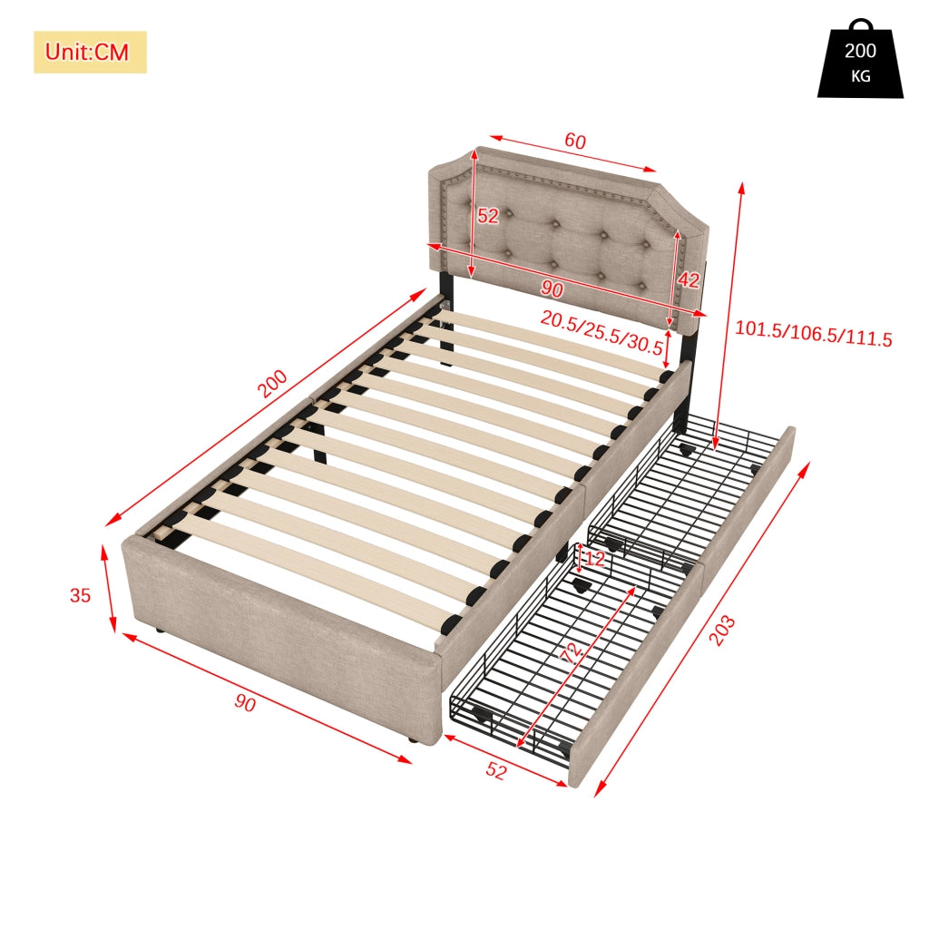 Letto singolo a profilo basso 90x200cm con montanti decorativi e cassetti doppi in beige scuro