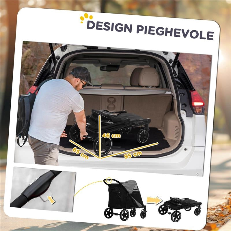 PASSEGGINO PER CANI PIEGHEVOLE CON INGRESSI A CERNIERA E FINESTRE A RETE 112X65X100 CM GRIGIO SCURO E NERO