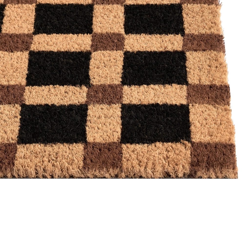 Zerbino in fibra di cocco beige e nero con fondo antiscivolo, 60 x 90 cm. Zerbino decorativo antiscivolo con motivo a quadri