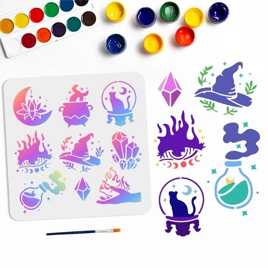 Stencils Tema Magico - Stencils Reutilizzabili 30 × 30 cm - Cappello di Strega - Occhio del Diavolo - Luna - Cristallo - Per Artigianato Artistico - Schede di Riferimento