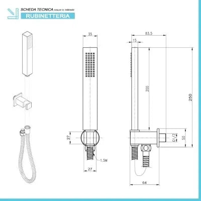Set doccia cromo con doccetta quadrata presa acqua e flessibile