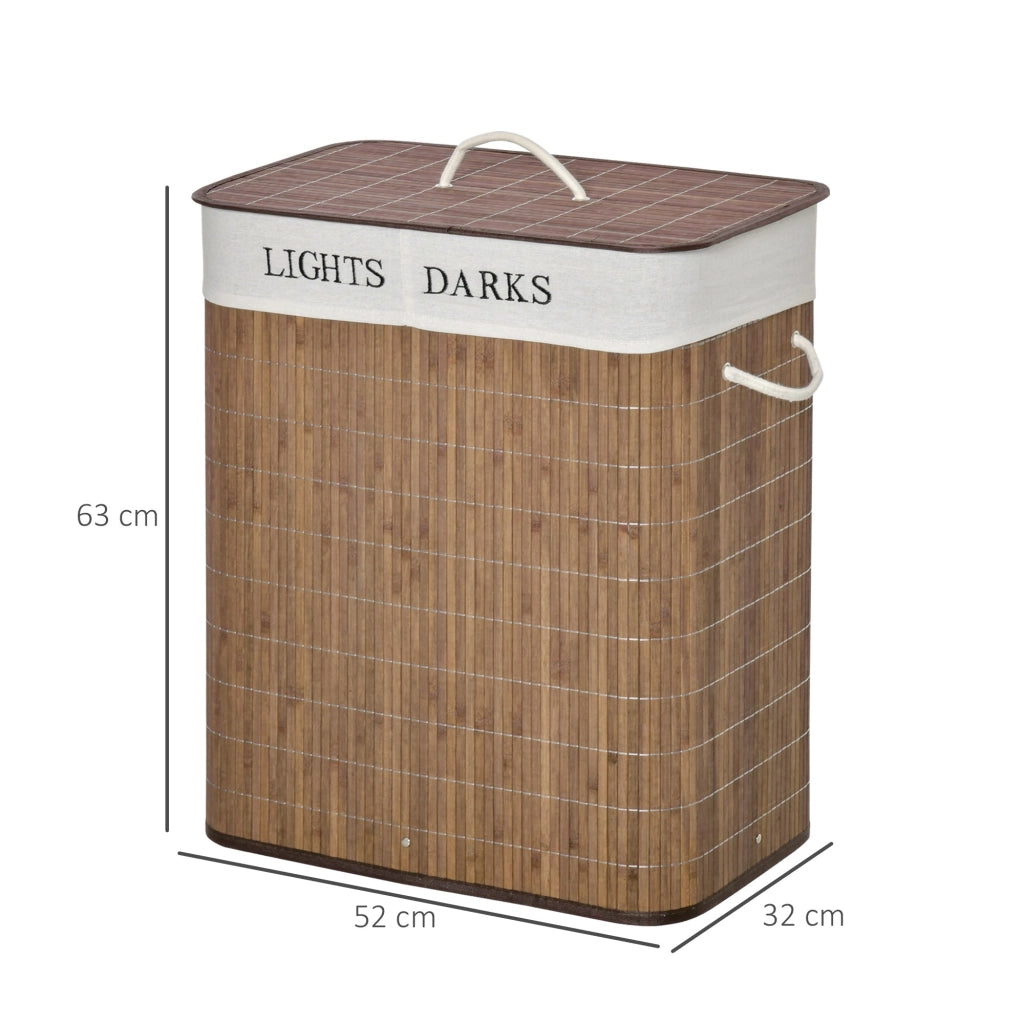 Cesto per Biancheria 2 Scomparti 52x32x63 cm con Coperchio e Maniglie Marrone