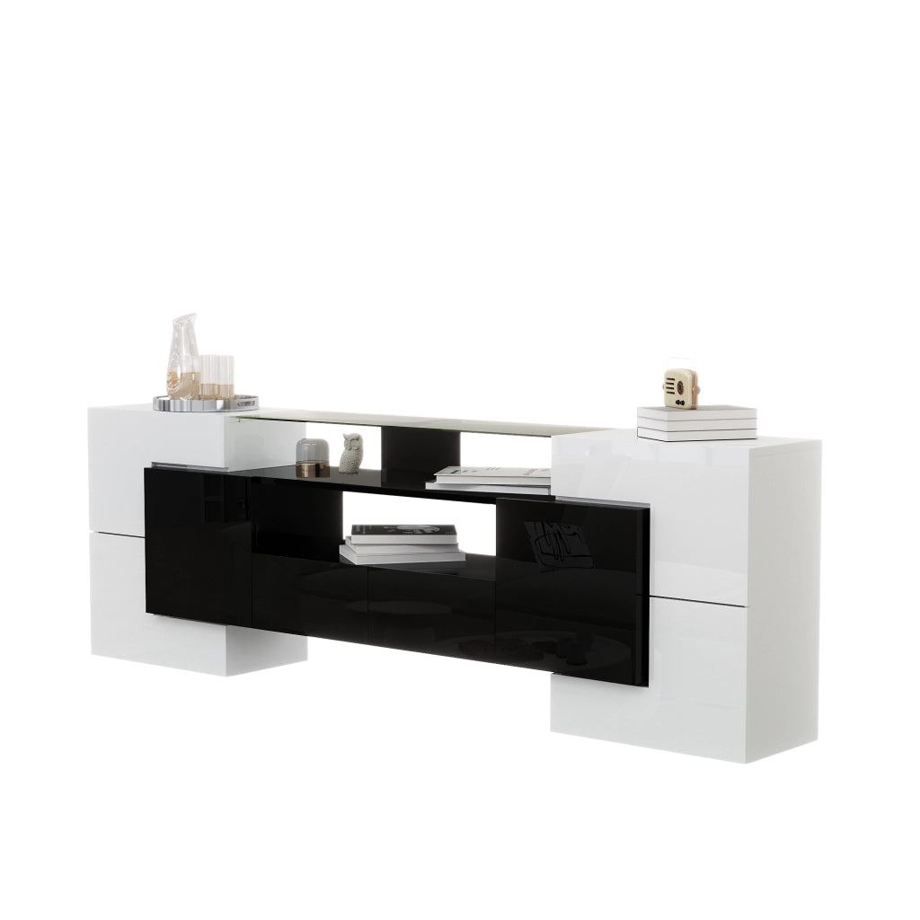 Mobile TV elegante - Zephmum - 200 cm - Bianco lucido e nero - LED