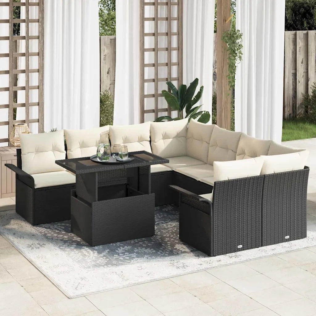 Set Divano da Giardino con cuscino 9 pcs Nero Poly Rattan 3348253
