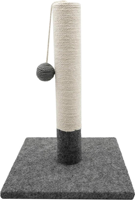 Krappaio per gatti 42 cm - Juta e tessuto duraturo - Krappaio con pompon per gatti - Grigio e bianco - Base stabile 30 x 30 cm