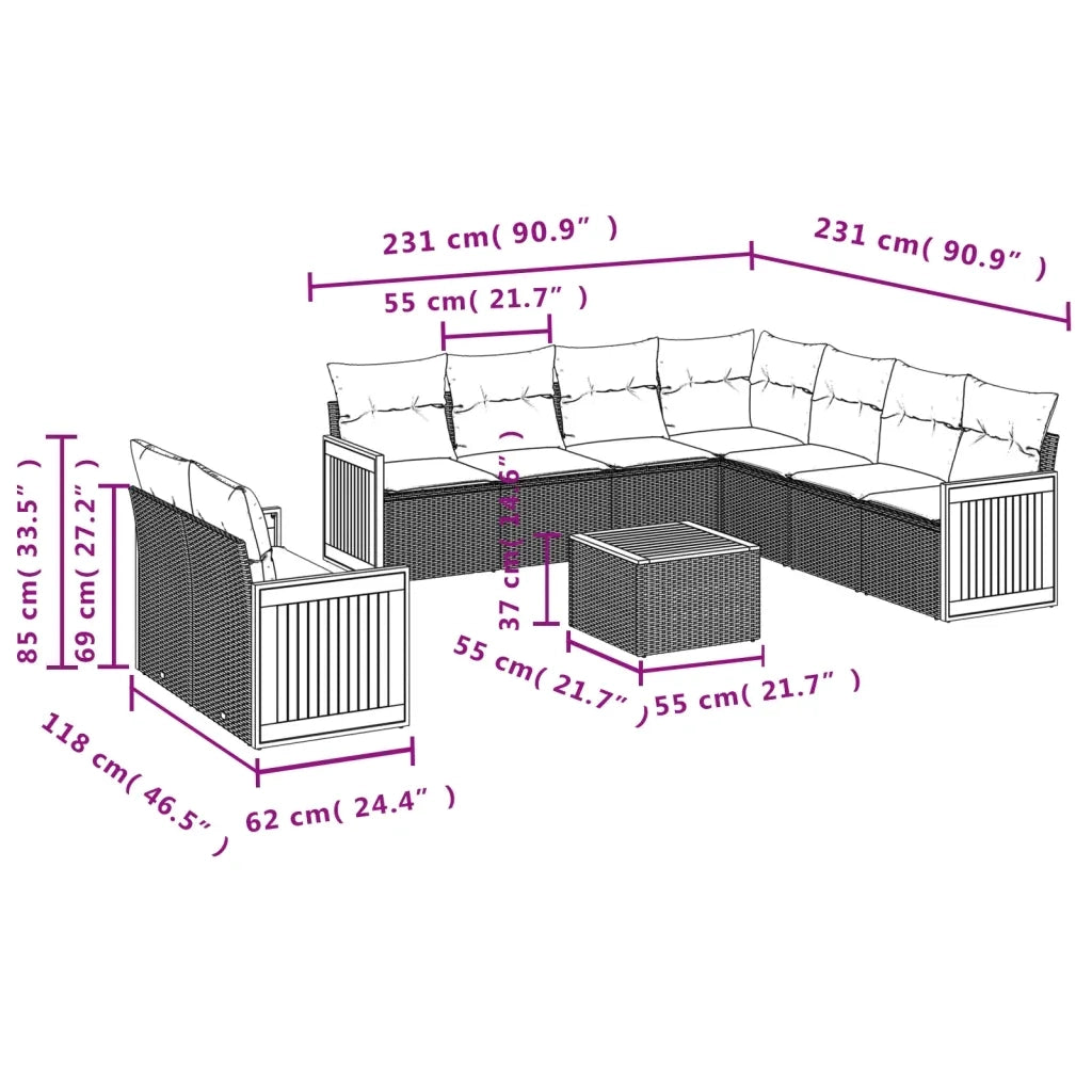 Set Divani da Giardino 10pz con Cuscini in Polyrattan Nero 3260187