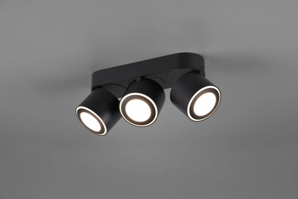 TAURUS BARRA 3 SPOTS LED 15W 1350lm, 3000K METALLO NERO ORIENTABILE GIREVOLE BI-EMISSIONE INTERRUTTORI SEPARATI L. 27,3CM