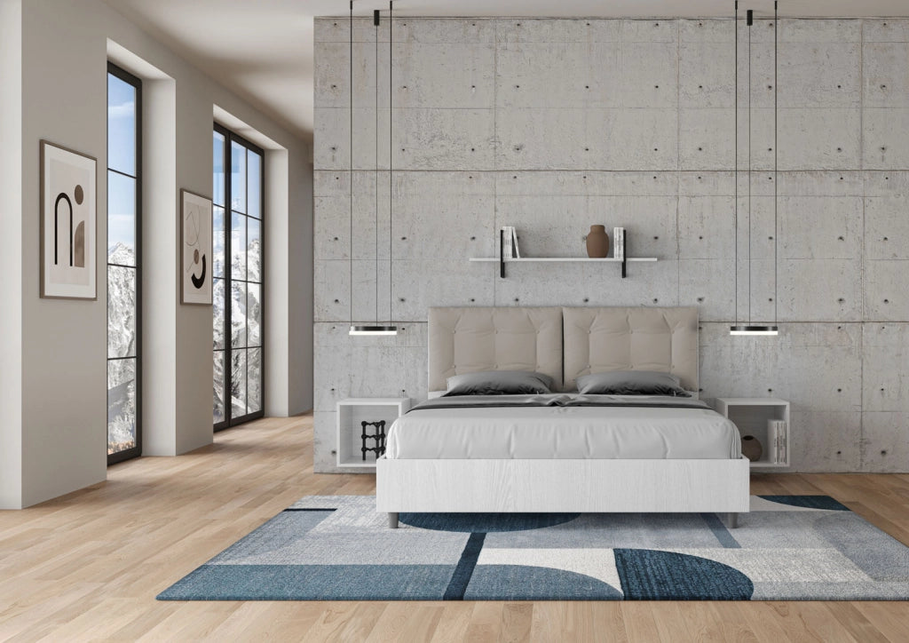 BS COM Letto matrimoniale con rete 160x190 bianco frassino cuscini similpelle tortora
