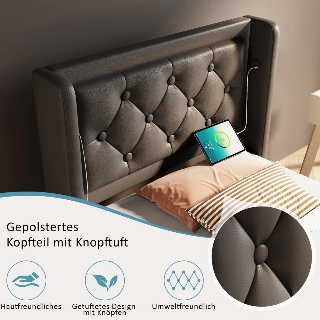 LETTO contenitore 90x200 cm PU nero con USB Type-C e LED a 3 lati