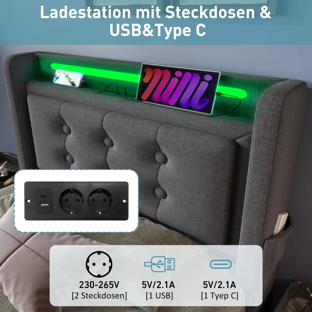 LETTO Imbottito 90x200 cm Grigio con LED e prese USB