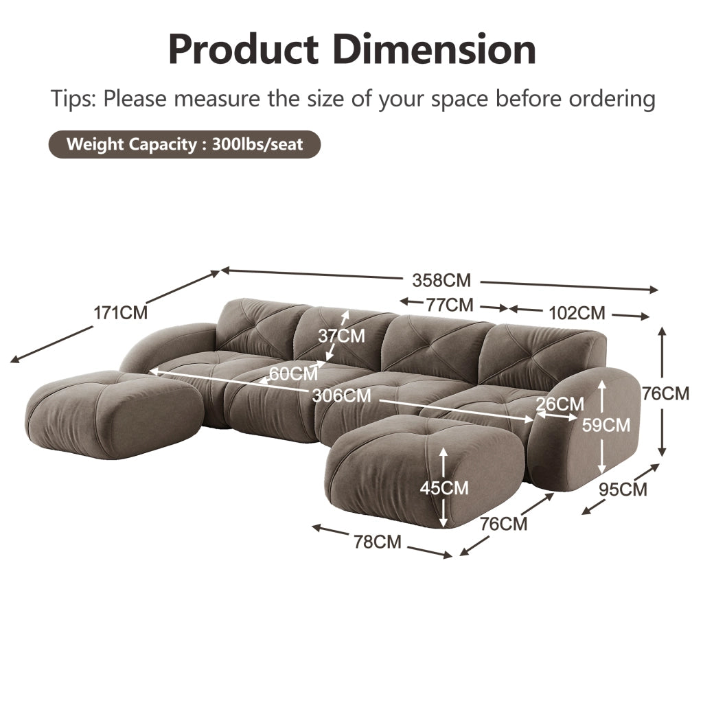 Divano modulare a U - Zephmum- 4 posti, 2 pouf, tessuto comodo, antiscivolo, marrone