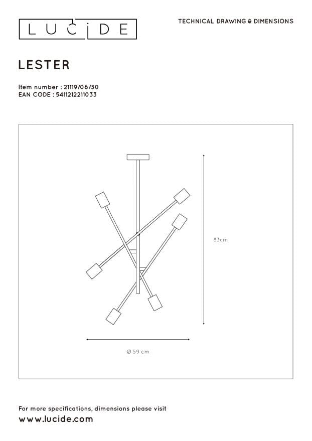 Plafoniera Lucide Lester nera metallo 6 luci E27 59cm