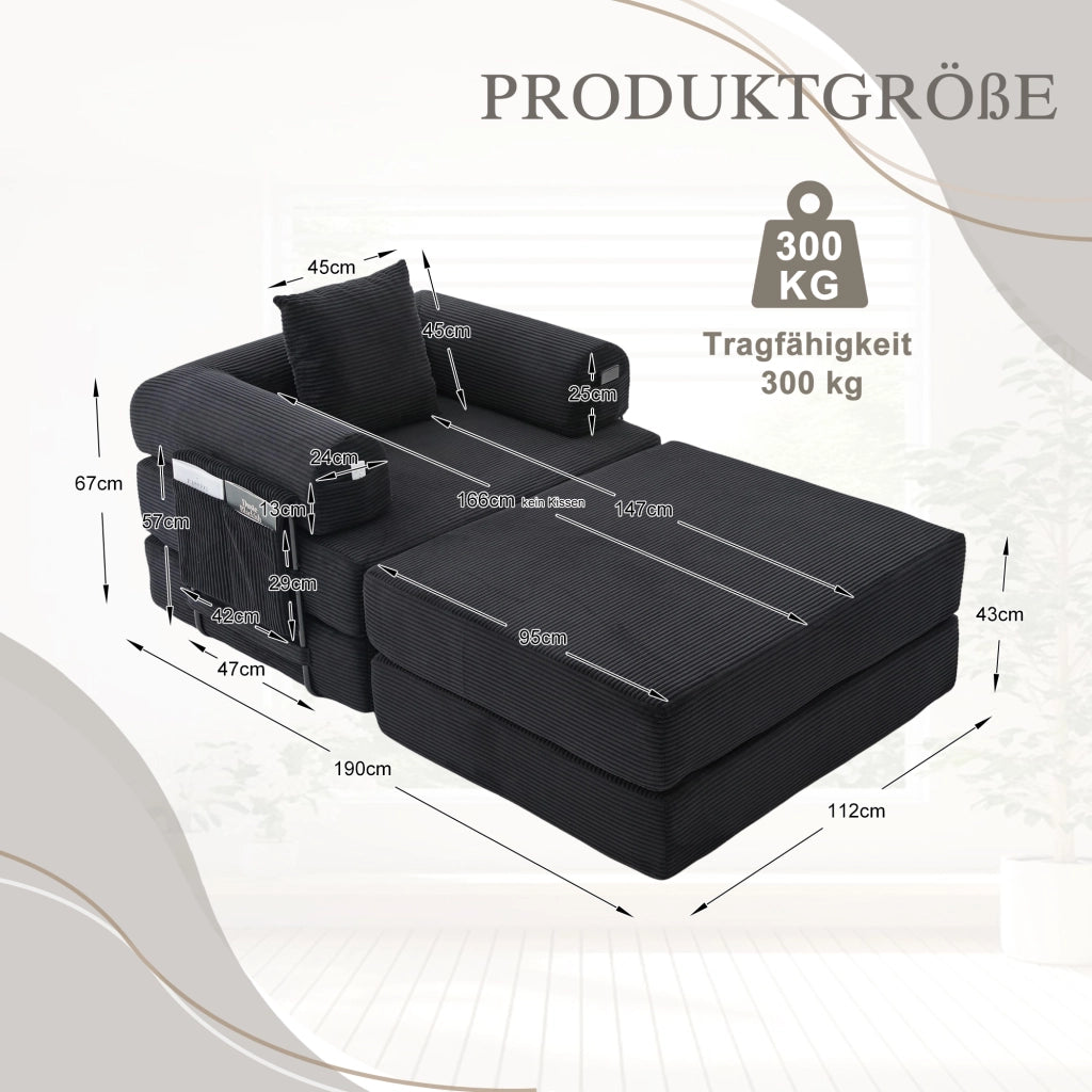 DIVANO Modulare 112x190x67 cm in tessuto a coste Nero con cuscino e pouf