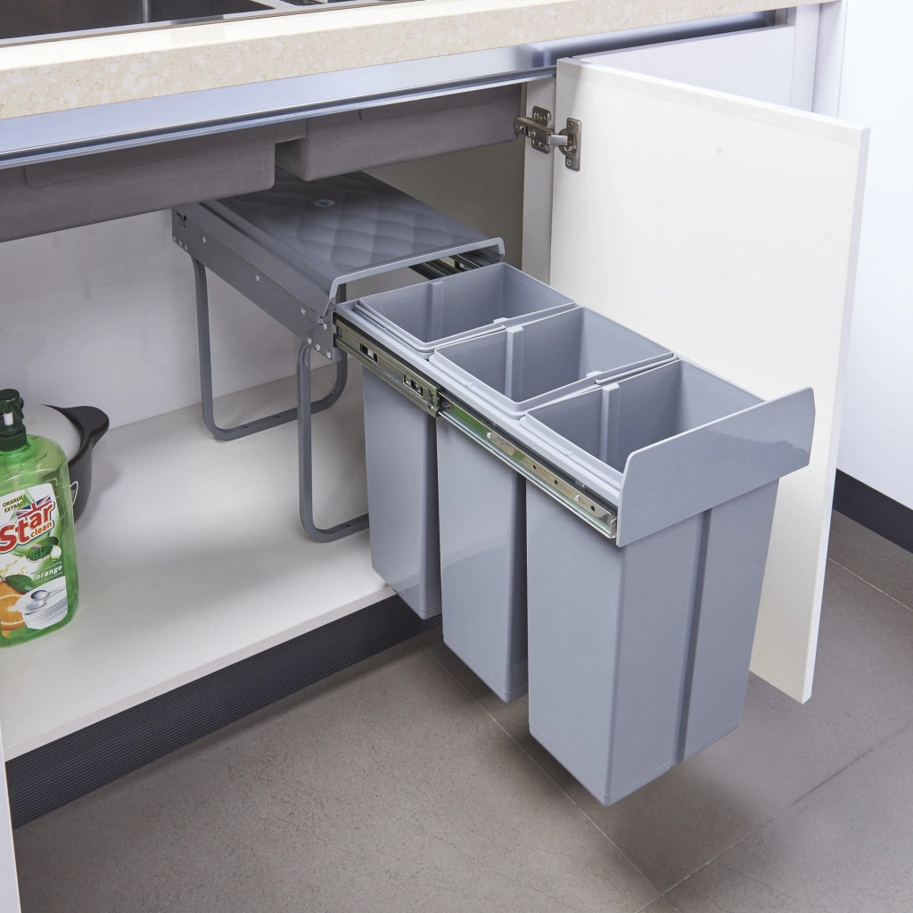 Pattumiera Estraibile Froland con 3 Bidoni Sotto Lavello 3x 10 L Grigio [en.casa]