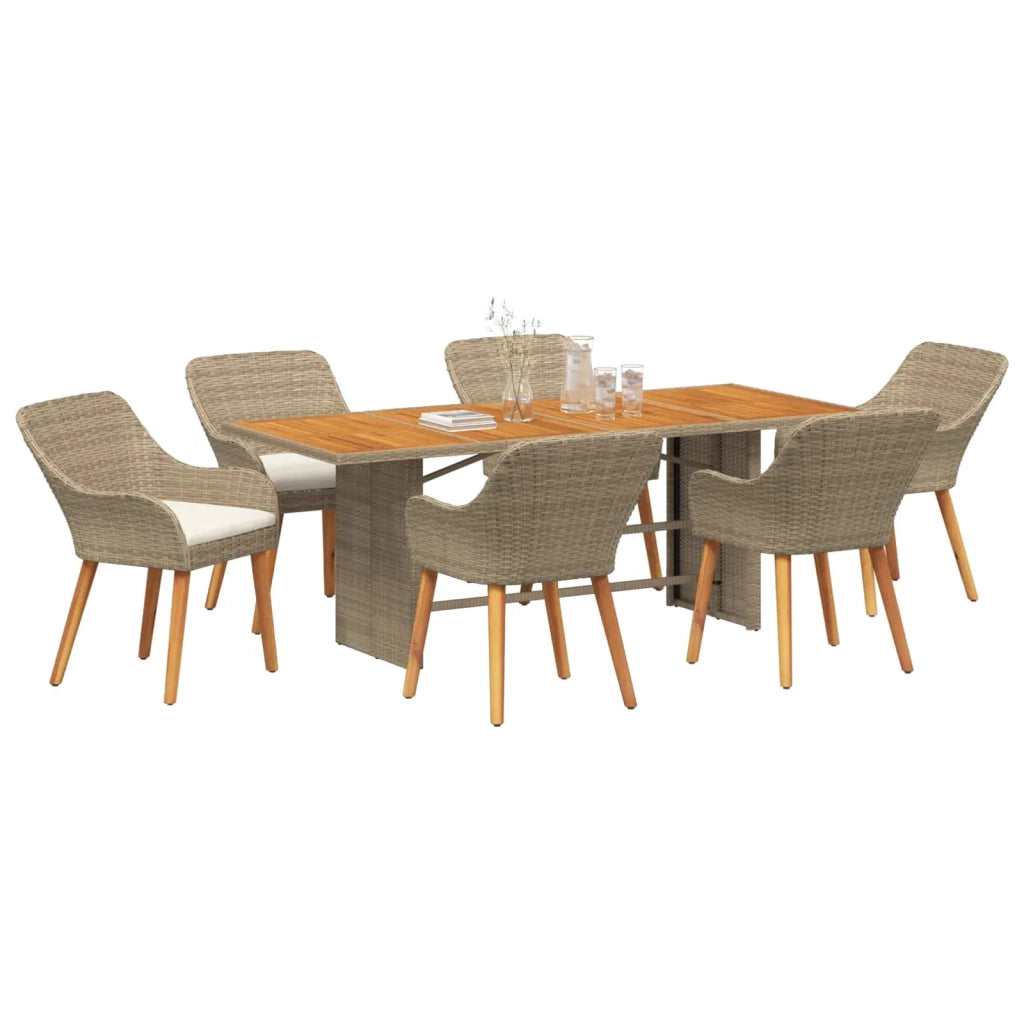 Set da Pranzo per Giardino con cuscino 7 pcs Beige polyrattan