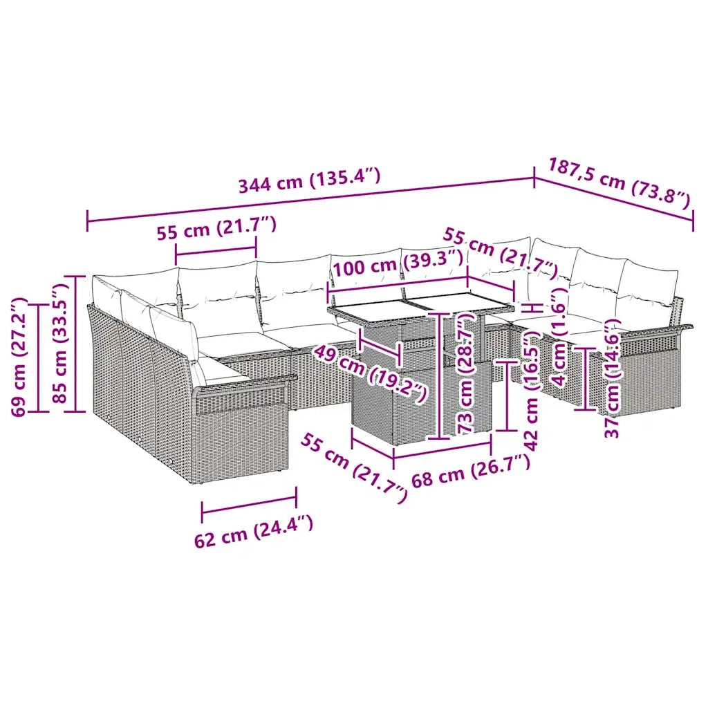 Set Divano da Giardino 11 pcs Grigio Rattan in Polipropilene