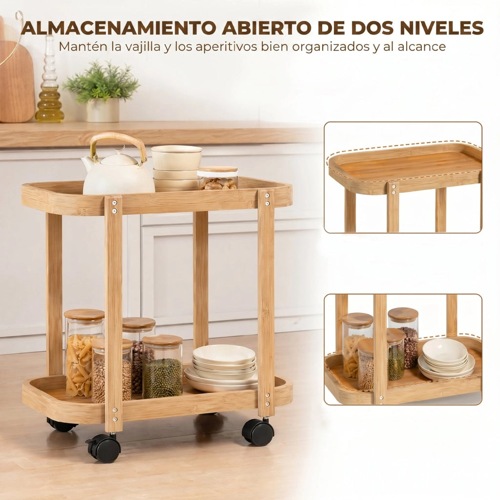 Carrello Cucina con Ruote ¨C Xylo ¨C Bamb¨´ 2 Ripiani 54x36,5x60cm Naturale