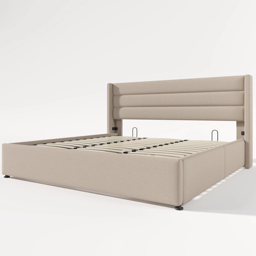 Letto Contenitore Imbottito Matrimoniale Idraulico ¨C MINIMAL ¨C Doghe in Legno, Tessuto, Beige, 180x200