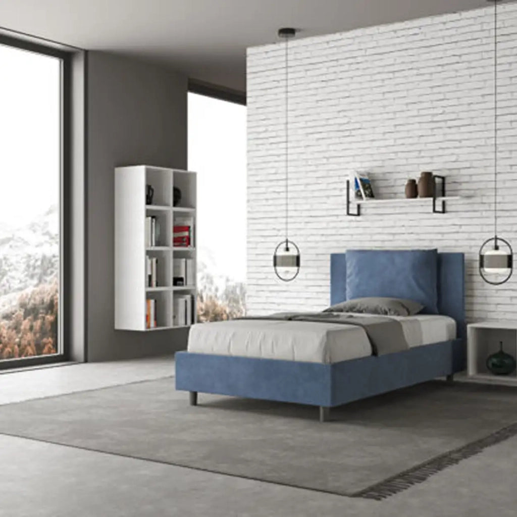 Letto una piazza e mezza con rete imbottito 120x200 microfibra blu Antea