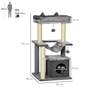 Albero tiragraffi per gatti 90 cm con amaca, cuccia e piattaforme, grigio