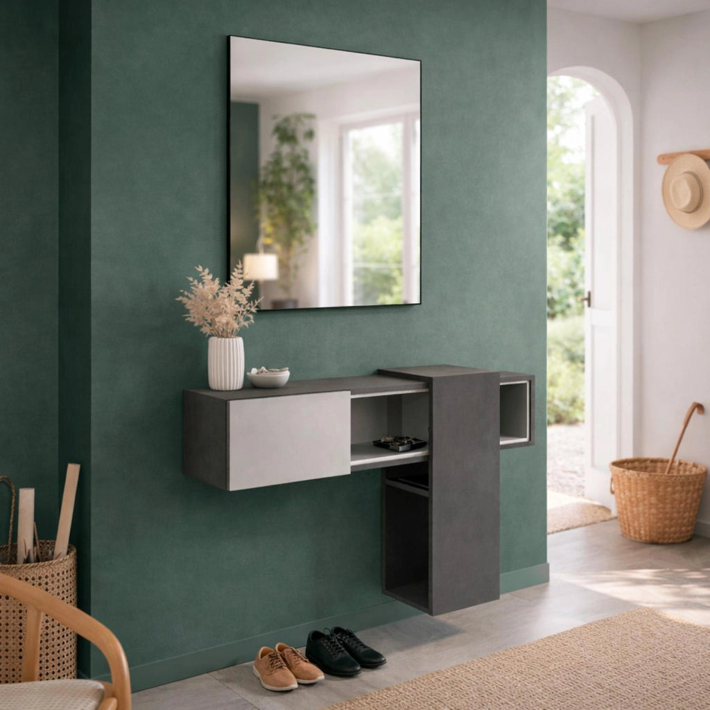 Mobile Da Ingresso Con Ripiani Scorrevoli Mensola Sospesa E Specchio Per Arredo Sala 100 X 31.5 X 75 Cm Grigio Scuro E Grigio Chiaro