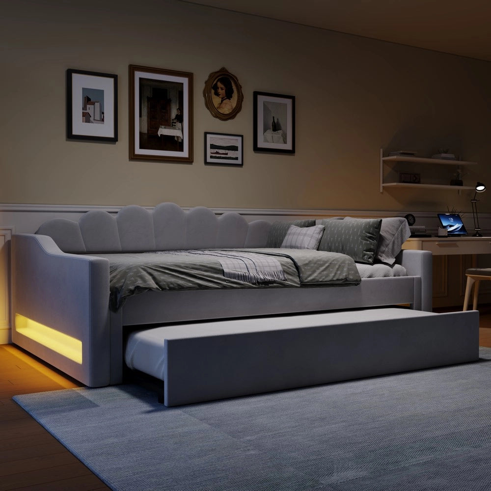 Letto Imbottito con LED e Letto Estraibile ¨C MINIMAL ¨C Grigio 140x200