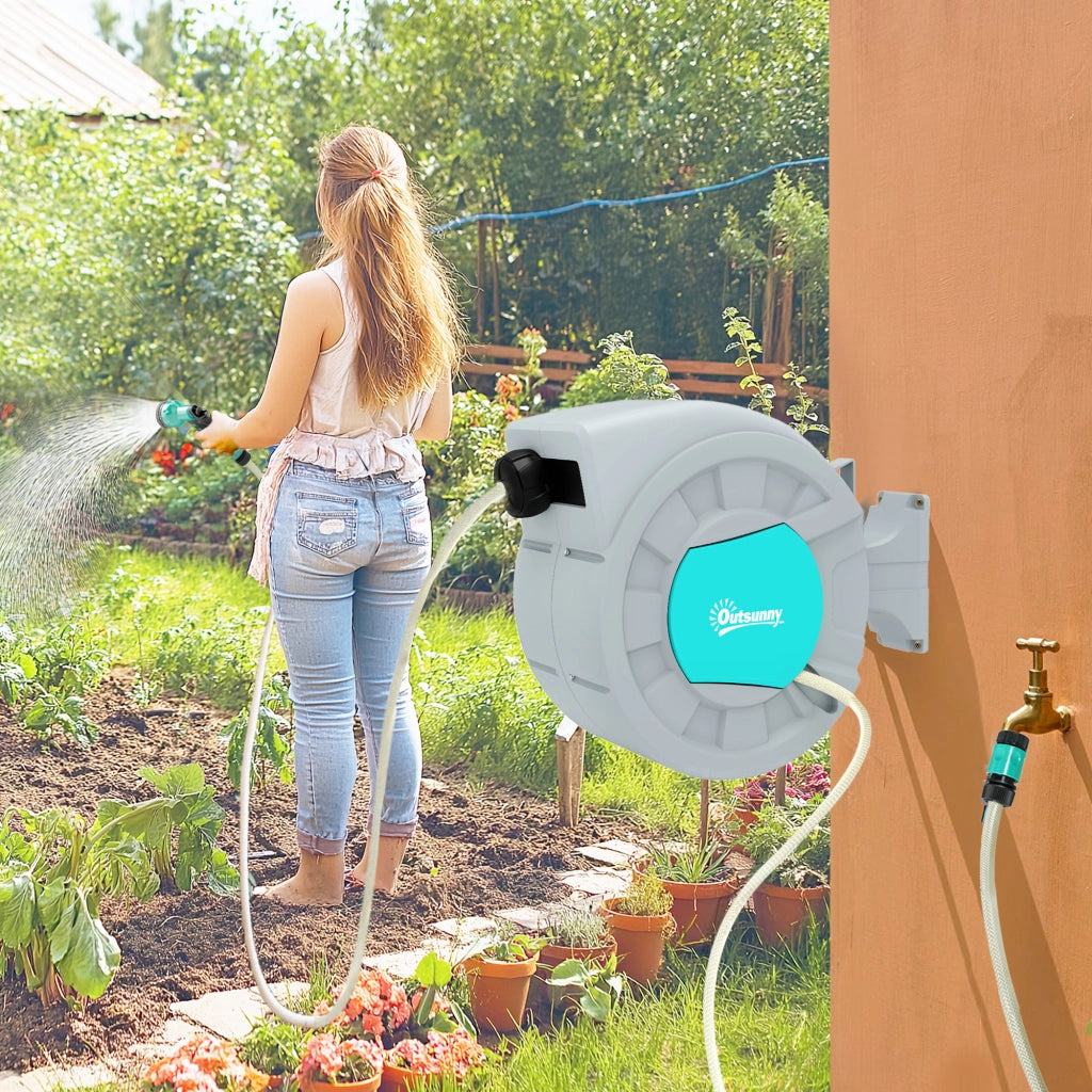Avvolgitubo Automatico a Parete e Portatile Lunghezza 25+2 m, Sistema di Blocco e 7 Getti, Grigio