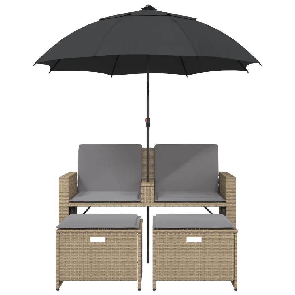 Divano Giardino 2Posti Ombrellone e Sgabelli Beige Polyrattan 365887