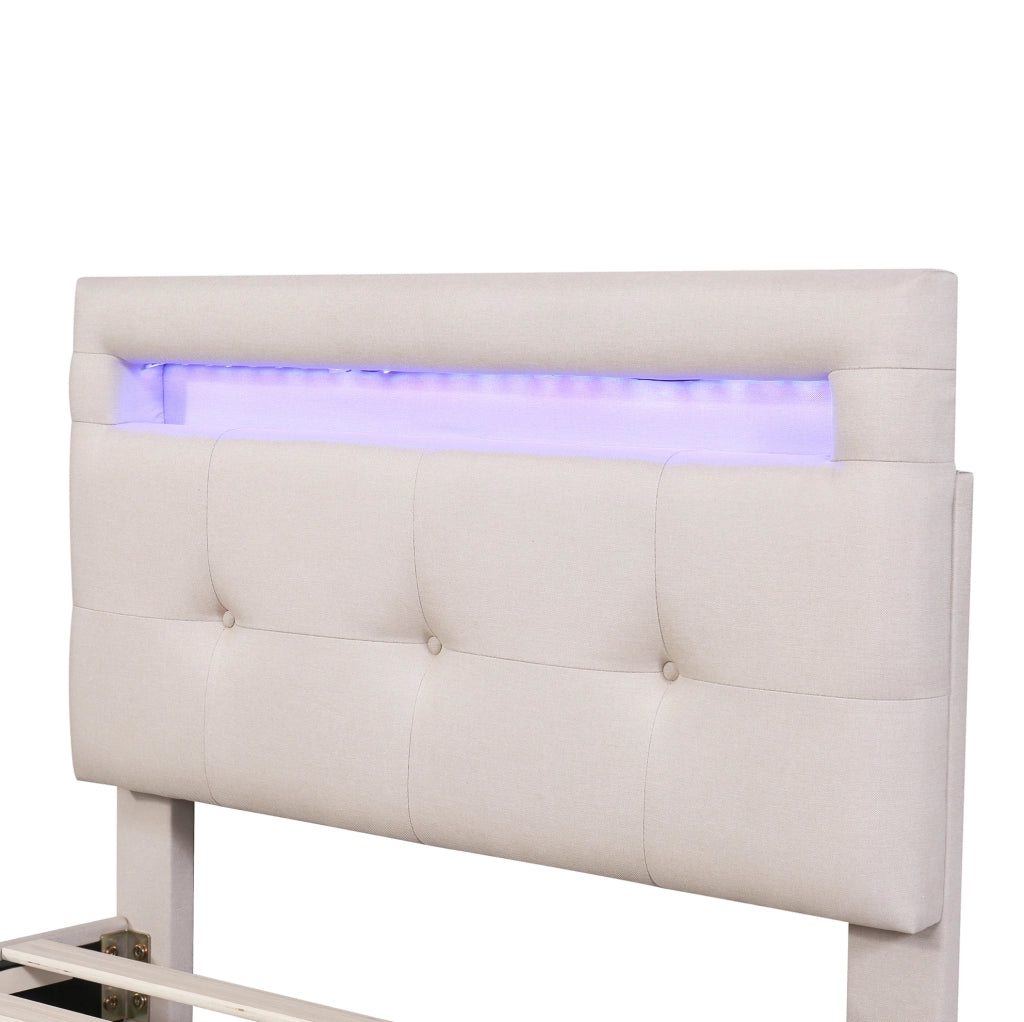 Letto imbottito con LED e 2 cassetti, 90x200 cm, beige