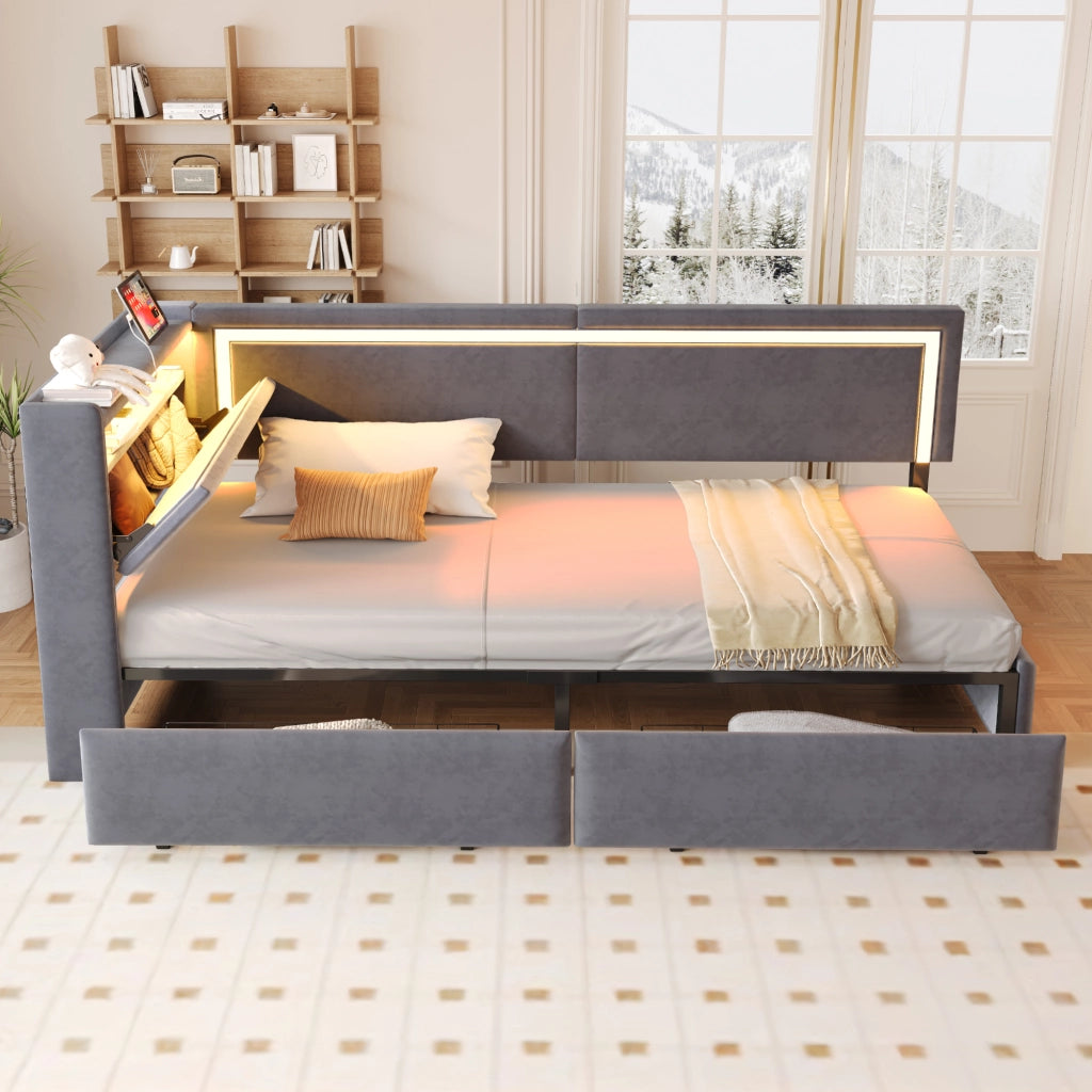 Divano letto 90 × 200 cm con cassetti testiera contenitore LED e USB rivestito in velluto grigio