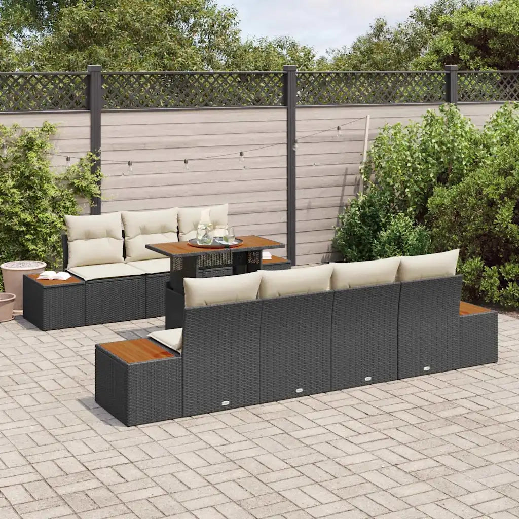 Set Divano da Giardino con cuscino 8 pcs Nero Poly Rattan