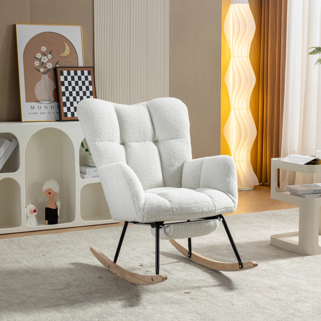 Poltrona a Dondolo Imbottita con Poggiapiedi ¨C MINIMAL ¨C Tessuto Boucl¨¦ Bianco