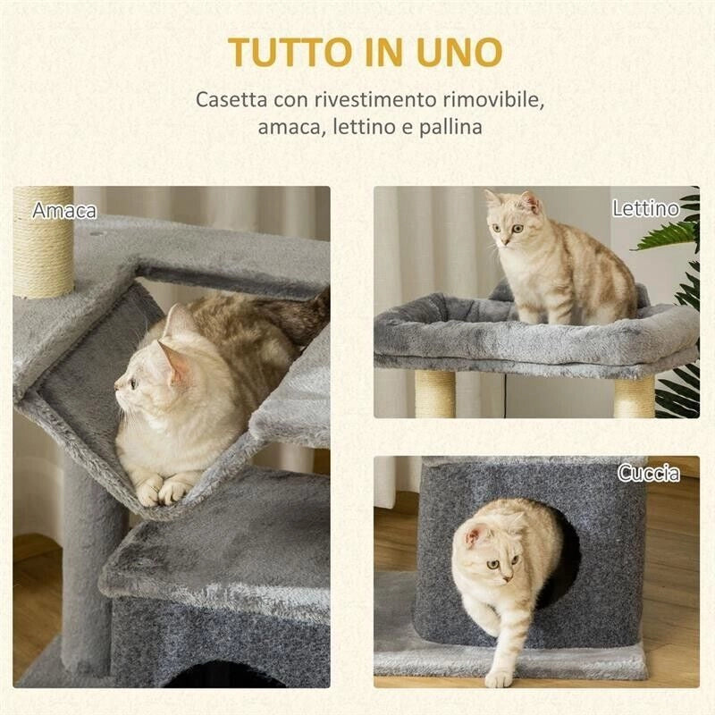 ALBERO PER GATTI CON TIRAGRAFFI IN CORDA SISAL, CASETTA, CUSCINO E AMACA, RIVESTIMENTO IN PELUCHE E FELTRO 100CM H GRIGIO