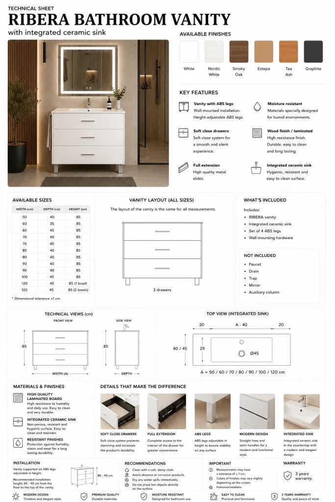 Mobile bagno con lavabo ORIGENBATH RIBERA senza specchio 80x45 cm bianco