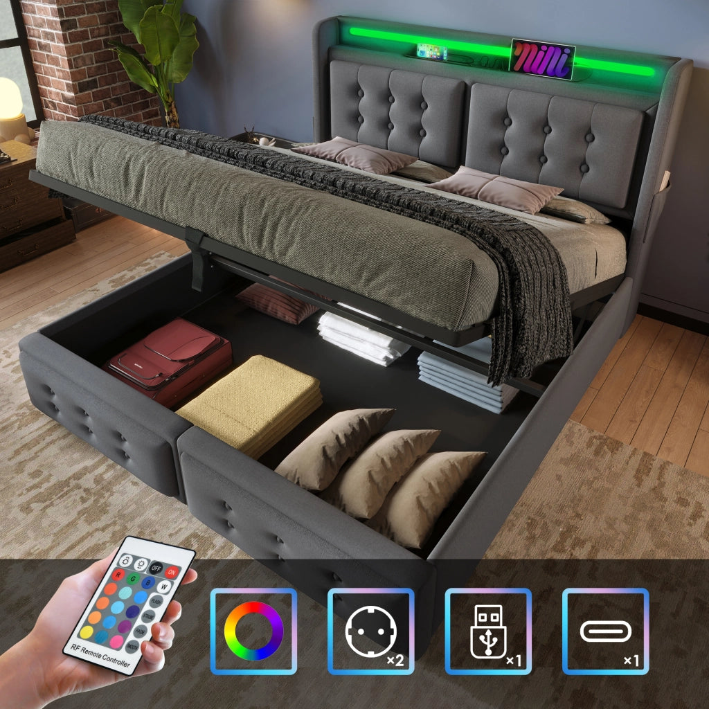 LETTO Contenitore 180x200 cm con LED e USB-C Tessuto Grigio