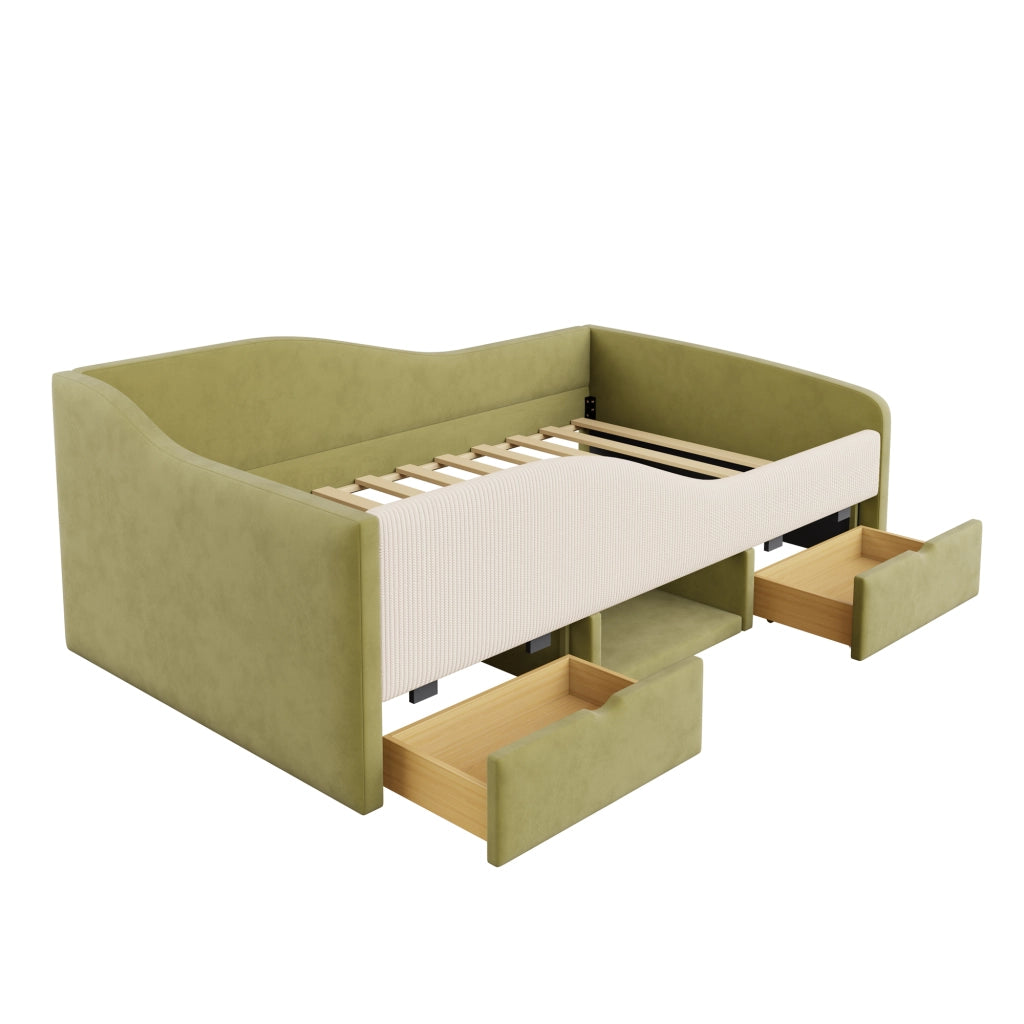 LETTO imbottito 90x190 cm in velluto verde e avorio con 2 cassetti