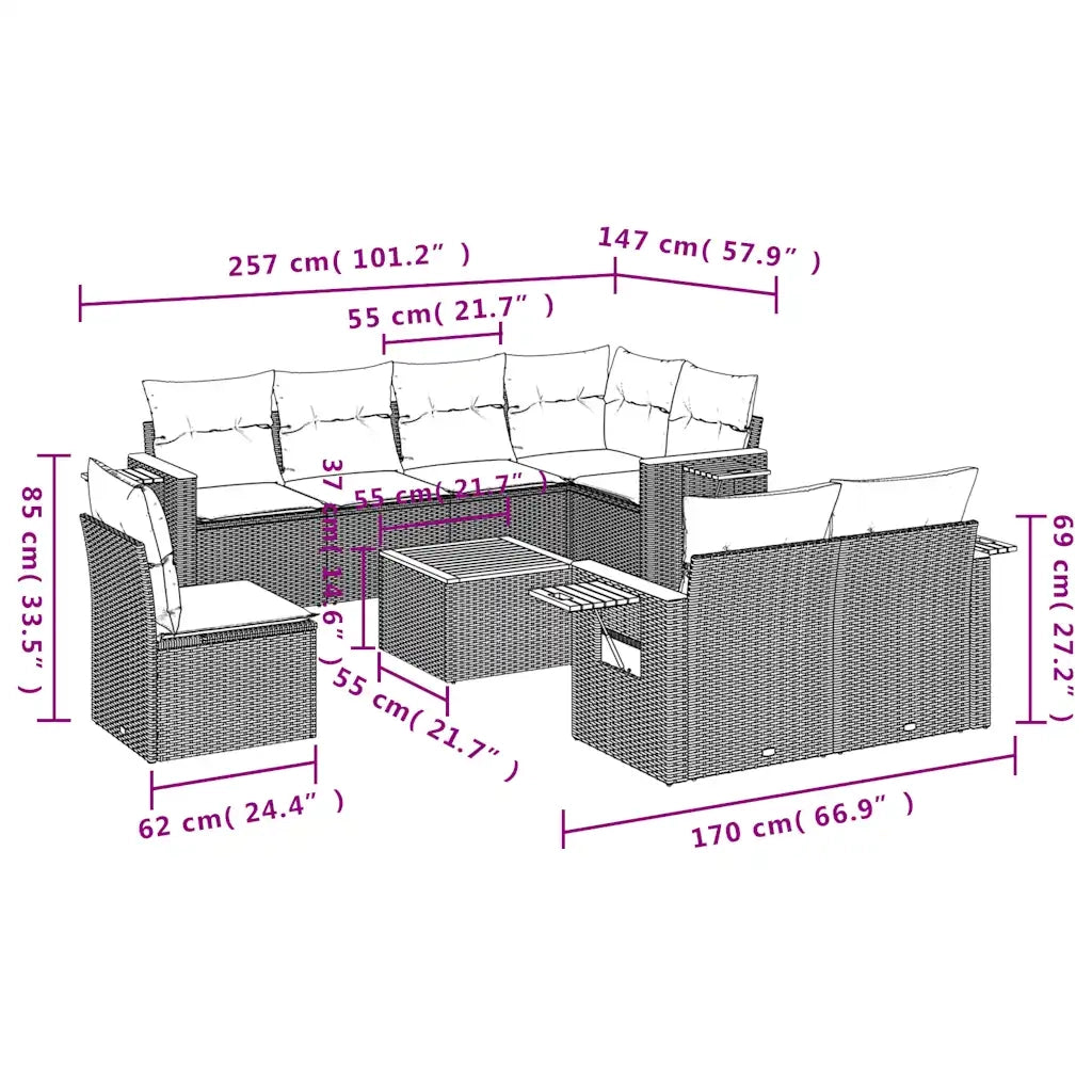 Set Divani da Giardino 9 pz con Cuscini Grigio in Polyrattan 3227013