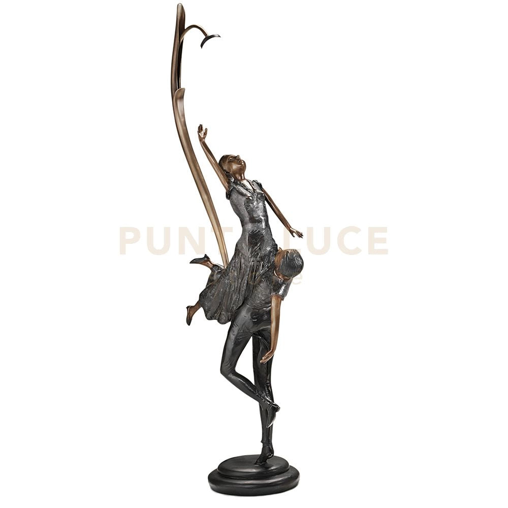 BRONZE Statua in bronzo con paralume Tiffany e base in marmo attacco E27 d.28cm