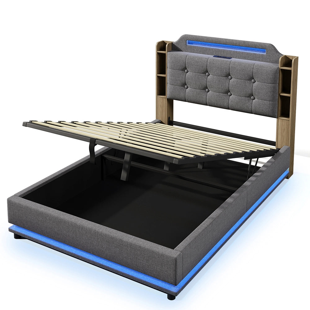Letto-Xylo-140x200 cm-LED, USB-C, scomparti, lino grigio
