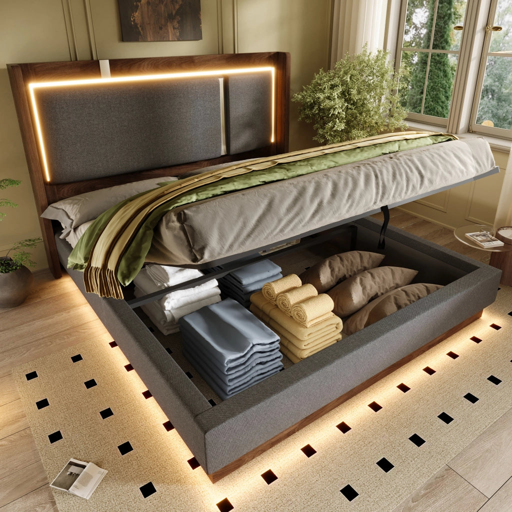 LETTO imbottito contenitore 140x190 cm con LED lino grigio e noce