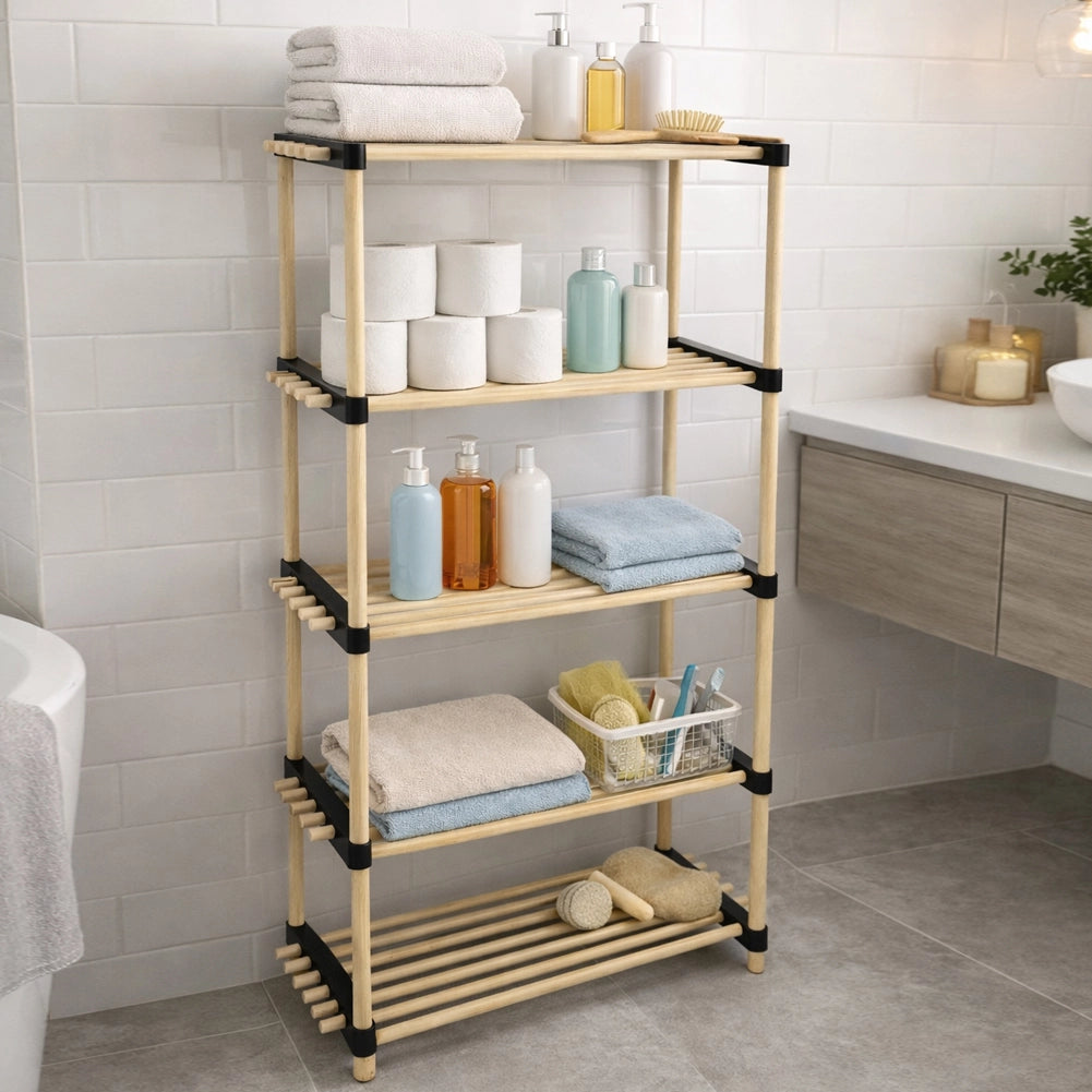 Mobile Scaffale 28x56x117 cm 5 Ripiani Multiuso per Bagno in Legno